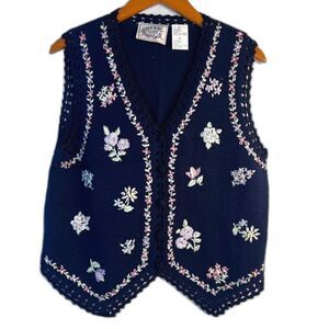 Erika Petites Navy Crochet Knit Sleeveless Sweater‎ Vest Embroidered Floral PL
